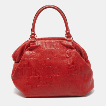 CH CAROLINA HERRERA Red Monogram Leather Dome Satchel