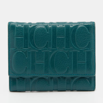 CH CAROLINA HERRERA Teal Embossed Leather Trifold Compact Wallet