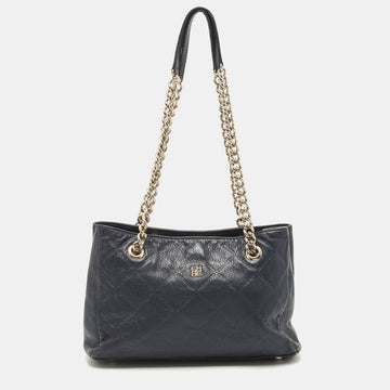 CH CAROLINA HERRERA Navy Blue Diamond Embossed Leather Chain Shoulder Bag