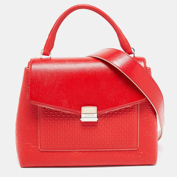 CH CAROLINA HERRERA Red Embossed Leather and Patent Leather Top Handle Bag