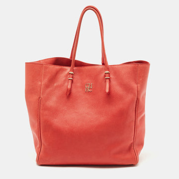 CH CAROLINA HERRERA Red Monogram Leather Horizontal Shopper Tote