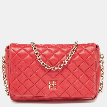 CH CAROLINA HERRERA Red Quilted Leather Chain Flap Shoulder Bag