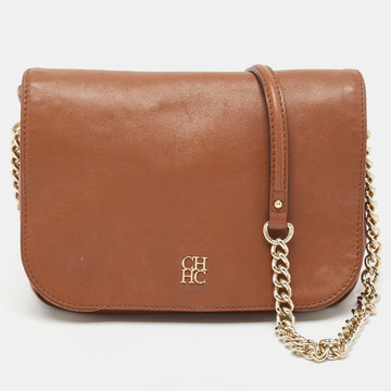 CH CAROLINA HERRERA Brown Monogram Leather Flap Shoulder Bag