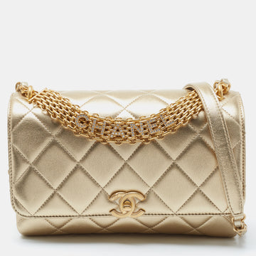 Chanel Gold Quilted Leather CC Crystal Logo Chain Flap Bag