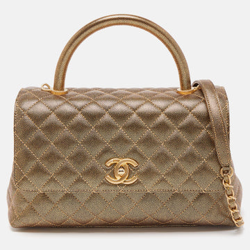 CHANEL Gold Quilted Caviar Leather Small Coco Top Handle Bag