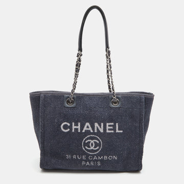 CHANEL Navy Blue Tweed Medium Deauville Tote