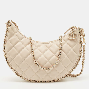 CHANEL Light Beige Quilted Leather Chain Around Shoulder Bag