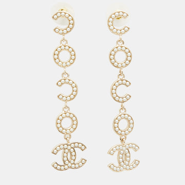 Chanel CC Coco Motif Faux Pearl Gold Tone Long Earrings