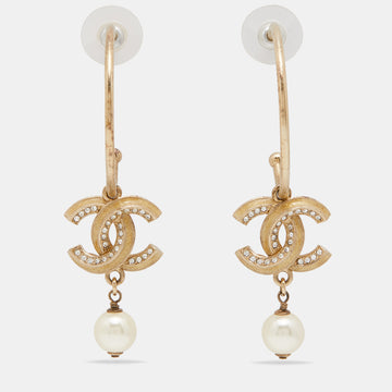 Chanel Gold Tone Crystal & Enamel CC Faux Pearl Drop Hoop Earrings
