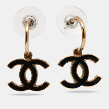 Chanel Gold Tone Black Enamel CC Drop Earrings