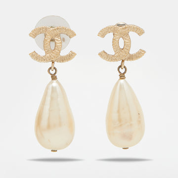 Chanel Pale Gold Tone CC Faux Pearl Dangle Earrings