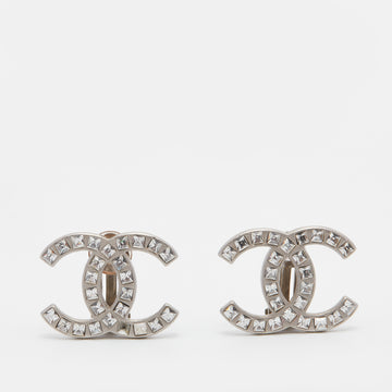 Chanel Silver Tone Baguette Crystal CC Clip On Earrings