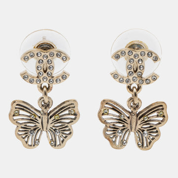 Chanel Pale Gold Tone Crystal CC Butterfly Drop Earrings