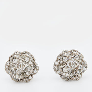 Chanel Silver Tone CC Crystal Camellia Clip-On Earrings