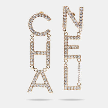 Chanel Pale Gold Tone Crystal Studded Logo Drop Earrings