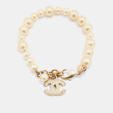 Chanel Gold Tone CC Charm Faux Pearl Bracelet