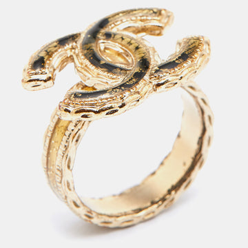 CHANEL CC Enamel Gold Tone Ring Size 53