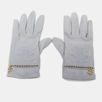 CHANEL Light Blue Leather CC Chain Gloves Size 8