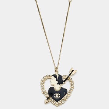 Chanel Coco Heart Enamel Faux Pearl Gold Tone Necklace