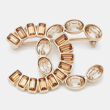 Chanel Brown & Beige Crystal CC Gold Tone Brooch