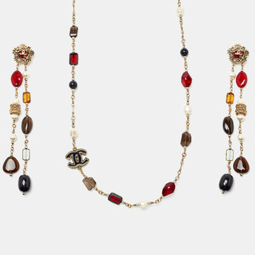 CHANEL Multicolour Glass Beads & Faux Pearl Byzantine Long Necklace and Earrings Set