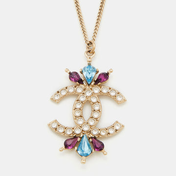 CHANEL CC Crystals Gold Tone Pendant Necklace