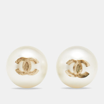 CHANEL Gold Tone Large Faux pearl CC Stud Earrings