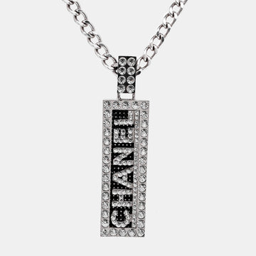 CHANEL Logo Crystal Silver Tone Necklace