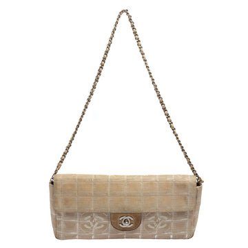 Chanel Beige Chocolate Bar Quilted Fabric CC East West Flap Bag