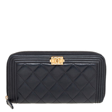 Chanel Black Quilted Leather Boy Zip around Continental Wallet