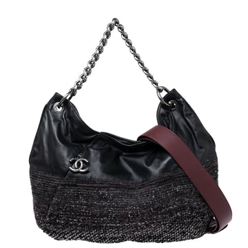 Chanel Black Tweed and Leather Coco Pleats Hobo