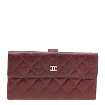 Chanel Dark Red Quilted Caviar Leather French Flap Long Wallet