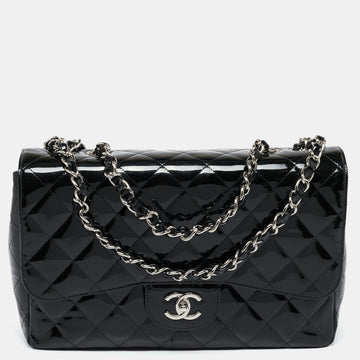 Chanel Metallic Black Quilted Patent Leather Jumbo Classic Single Flap Bag