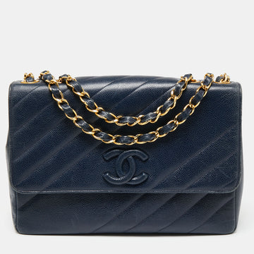 Chanel Navy Blue Diagonal Quilt Caviar Leather Vintage Jumbo Classic Flap Bag