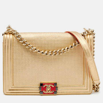 Chanel Gold Cube Embossed And  Leather Medium Boy Flap Bag