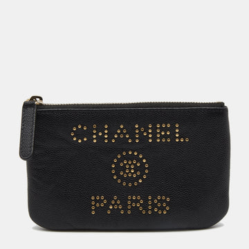 Chanel Black Caviar Leather Deauville Studded Zip Case