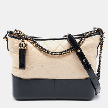 Chanel Beige/Black Quilted Aged Leather Medium Gabrielle Bag