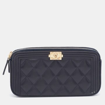 Chanel Navy Blue Quilted Leather Boy Double Zip Clutch