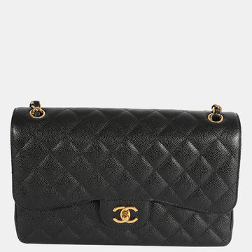 Chanel Black Quilted Caviar Leather Jumbo Classic Double Flap Shoulder Bag