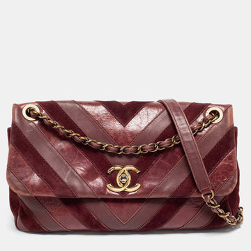 Chanel Burgundy Leather and Suede Jumbo Surpique Flap Bag