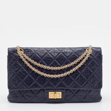 Chanel Navy Blue Quilted Crinkled Leather Reissue 2.55 Classic 227 Double Flap Bag