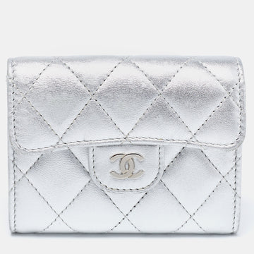 Chanel Metallic Silver Quilted Leather Classic Flap Compact Wallet