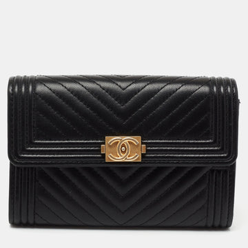 Chanel Black Chevron Leather Boy Wallet