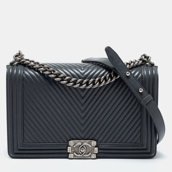 Chanel Grey Chevron Leather Large Boy Flap Bag