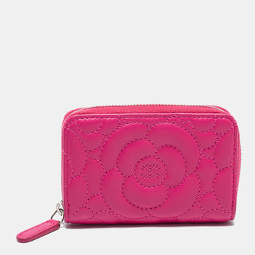 Chanel Fuchsia Quilted Leather Camellia Zip Coin Purse