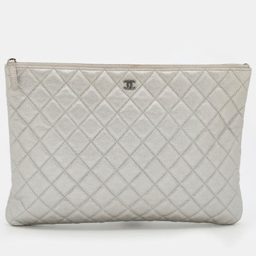 Chanel Silver Quilted Caviar Leather Large O Case Clutch