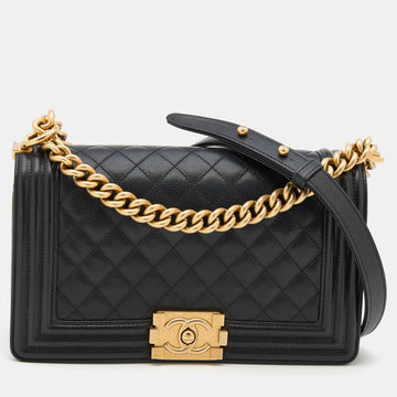 Chanel Black Quilted Caviar Leather Medium Boy Flap Bag