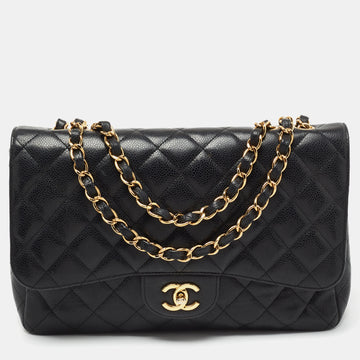 Chanel Black Quilted Caviar Leather Jumbo Classic Single Flap Bag