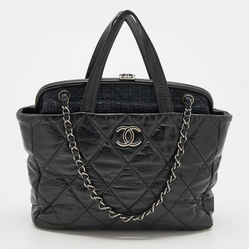 Chanel Black Quilted Leather and Tweed Portobello Frame Tote