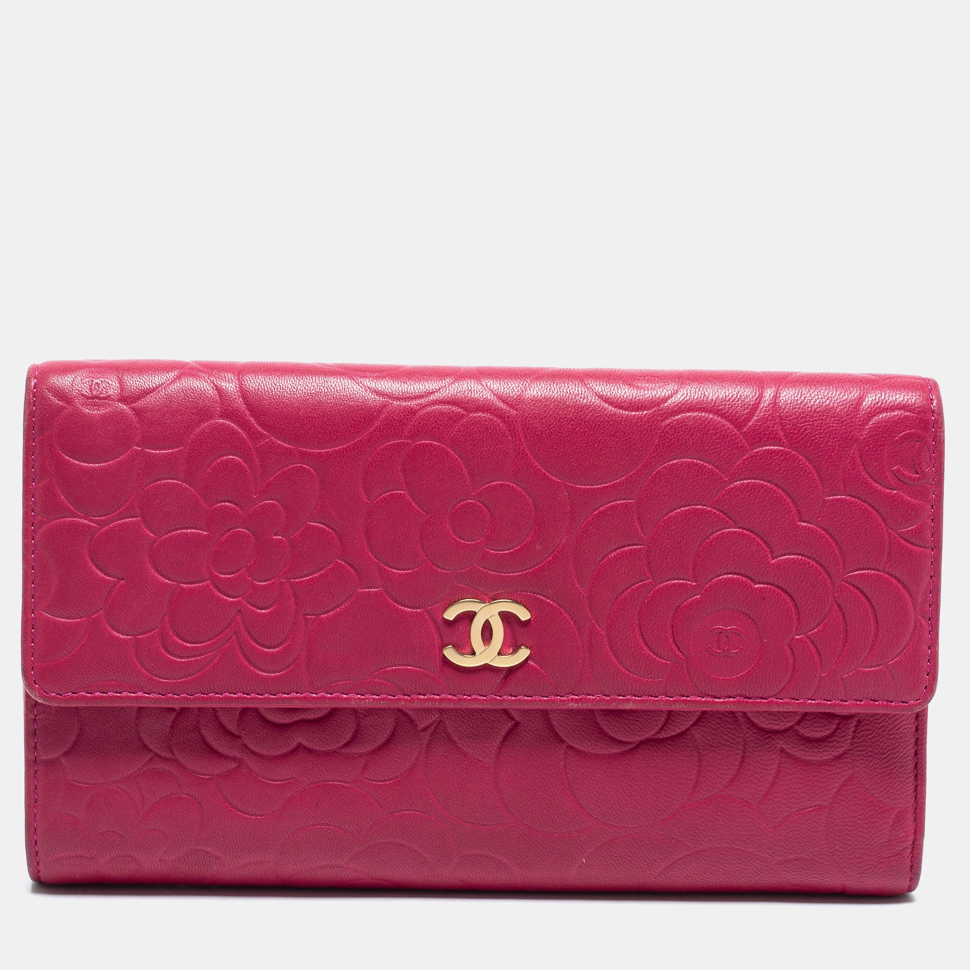 Chanel Pink Camellia Embossed Leather CC Flap Wallet